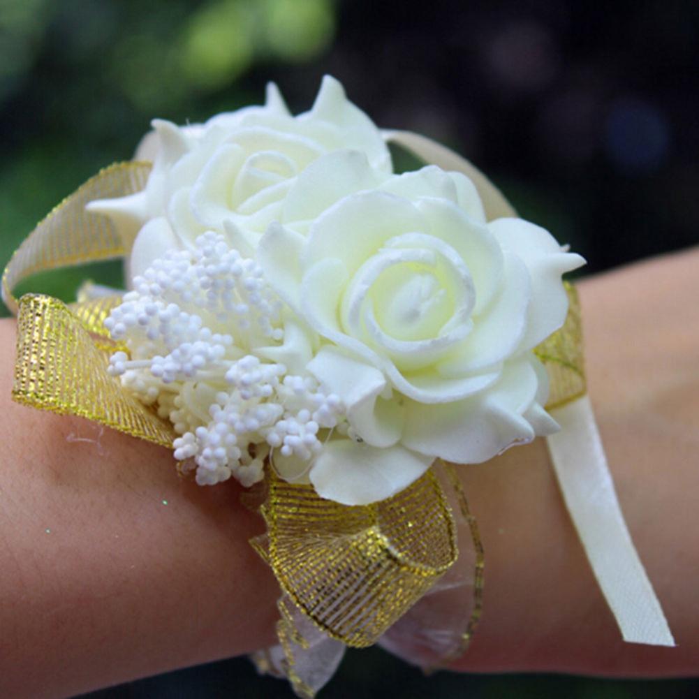Lady Wedding Prom Bridal Wrist Corsage Flower Foam Rose Flower Ribbon Bracelets - Picture 13 of 18