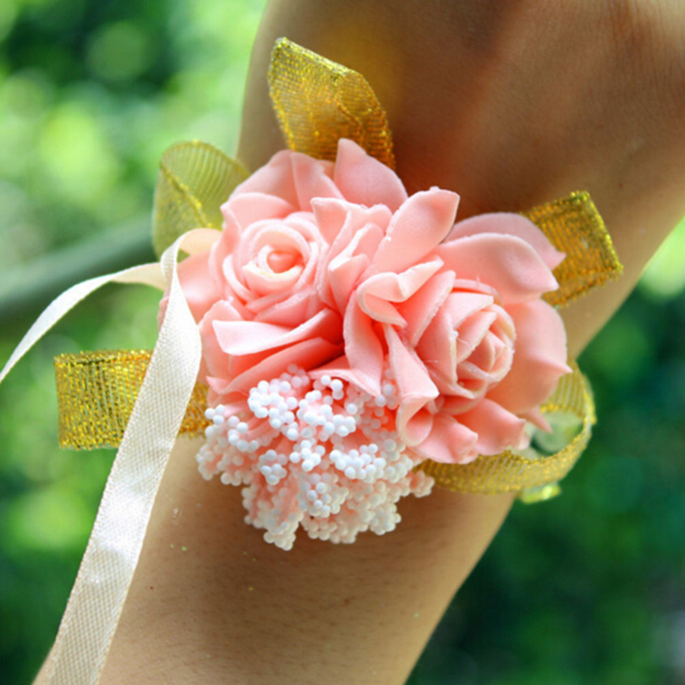 Lady Wedding Prom Bridal Wrist Corsage Flower Foam Rose Flower Ribbon Bracelets - Picture 17 of 18