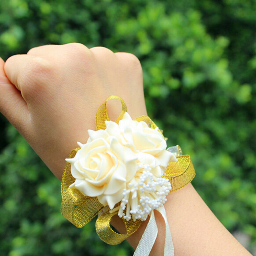 Lady Wedding Prom Bridal Wrist Corsage Flower Foam Rose Flower Ribbon Bracelets - Picture 18 of 18