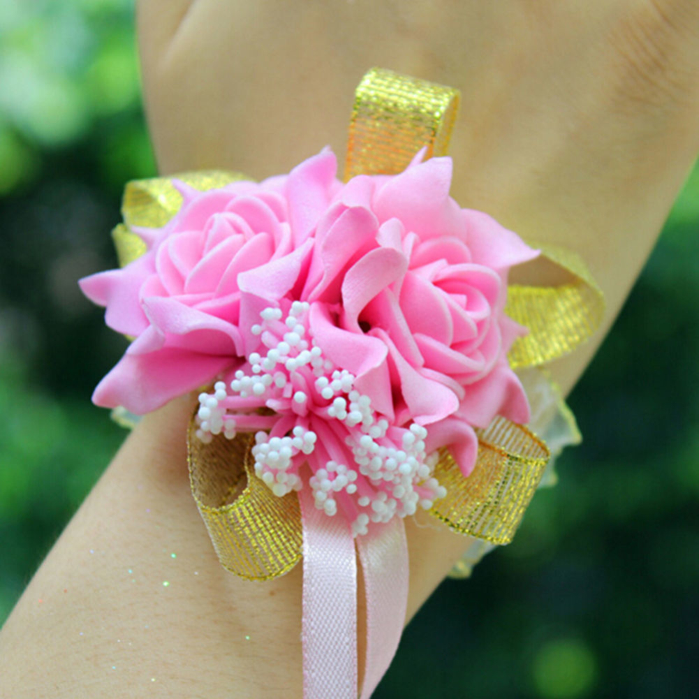 Lady Wedding Prom Bridal Wrist Corsage Flower Foam Rose Flower Ribbon Bracelets - Picture 16 of 18