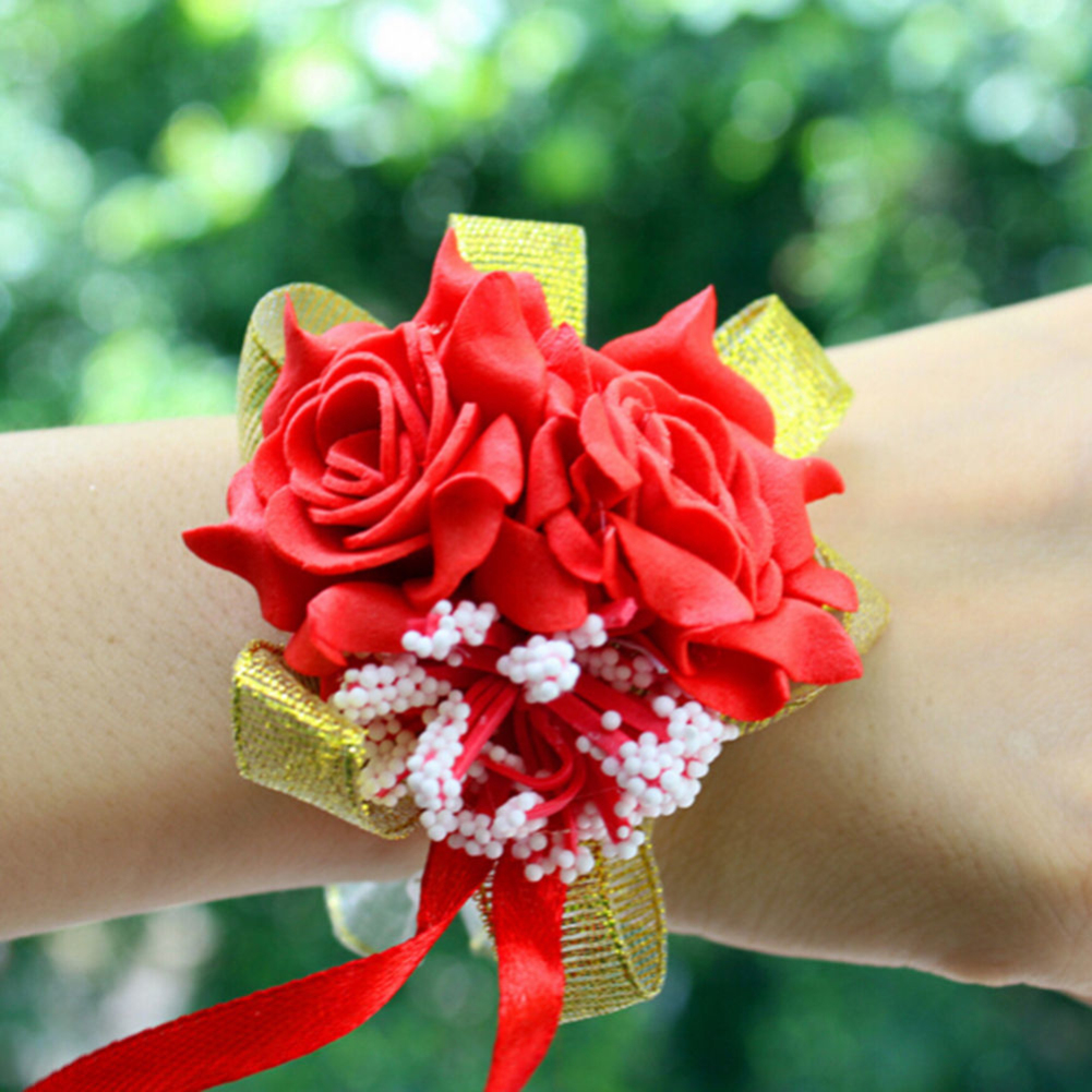 Lady Wedding Prom Bridal Wrist Corsage Flower Foam Rose Flower Ribbon Bracelets - Picture 14 of 18