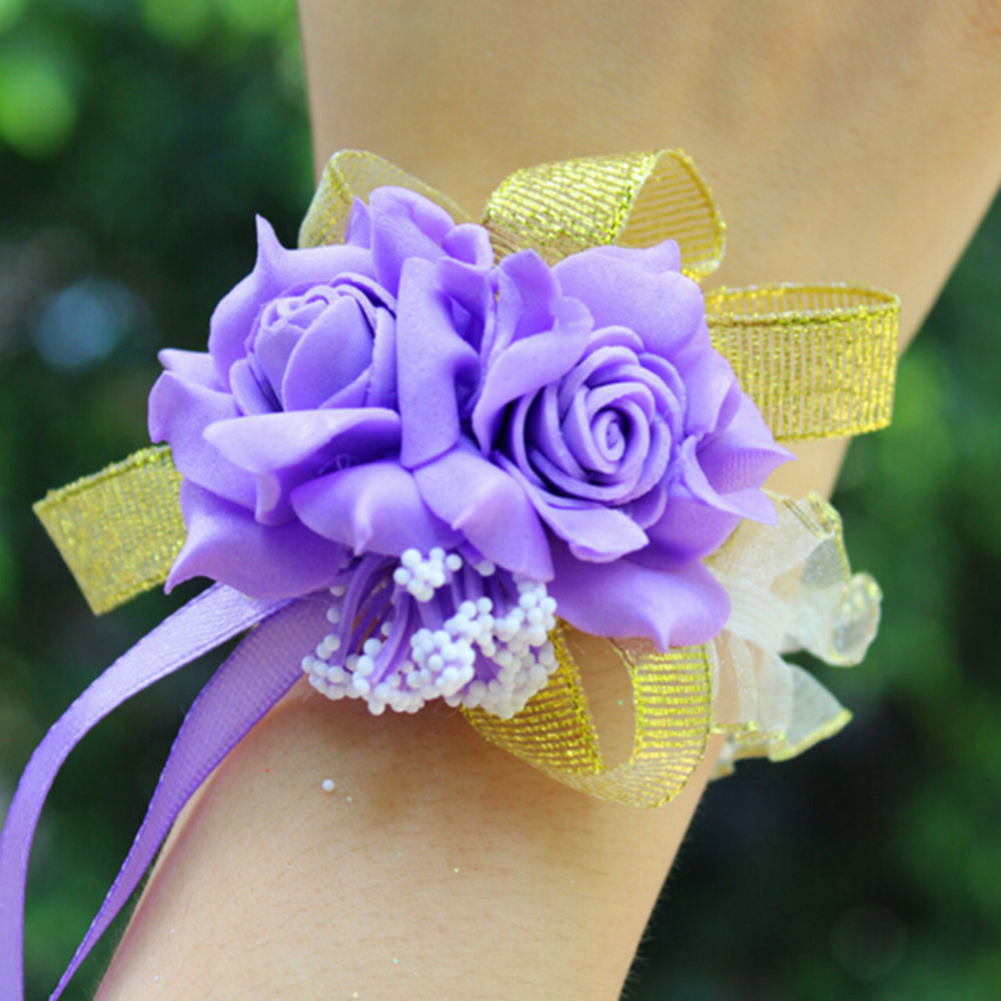 Lady Wedding Prom Bridal Wrist Corsage Flower Foam Rose Flower Ribbon Bracelets - Picture 15 of 18